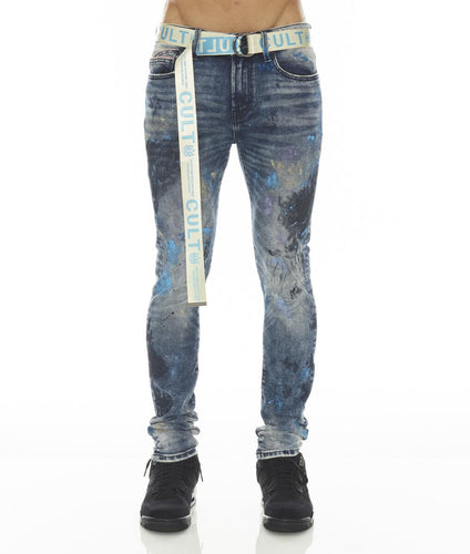 Cult of Individuality PUNK SUPER SKINNY STRETCH w/BABY BLUE BELT (ABSTRACT)