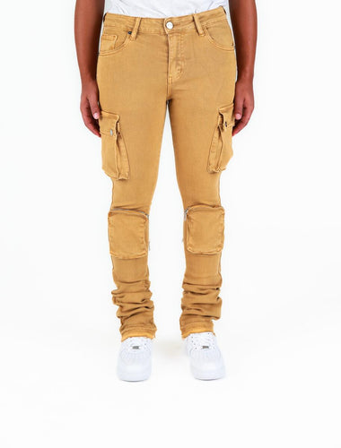 Pheelings NEVER LOOK BACK CARGO FLARE STACK DENIM (DARK KHAKI)