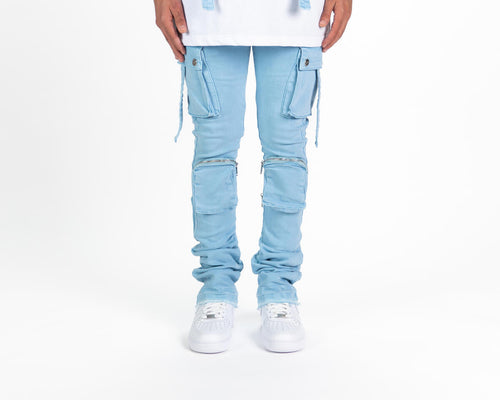 Pheelings NEVER LOOK BACK CARGO FLARE STACK DENIM (SKY BLUE)