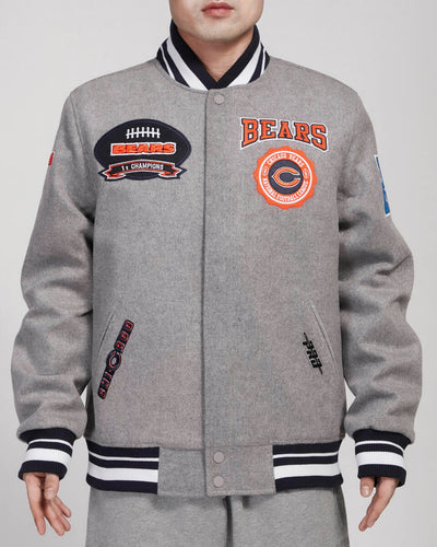 PRO STANDARD CHICAGO BEARS CREST EMBLEM WOOL VARSITY JACKET (HEATHER GREY/MIDNIGHT NAVY)