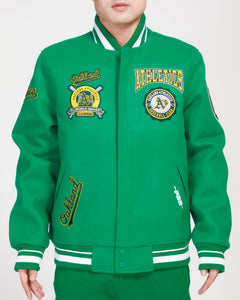 PRO STANDARD OAKLAND ATHLETICS CREST EMBLEM RIB WOOL VARSITY JACKET (KELLY GREEN)