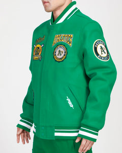 PRO STANDARD OAKLAND ATHLETICS CREST EMBLEM RIB WOOL VARSITY JACKET (KELLY GREEN)