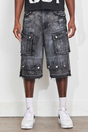 First Row WASHED MULTI CARGO DENIM JORTS