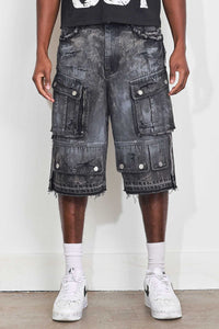 First Row WASHED MULTI CARGO DENIM JORTS