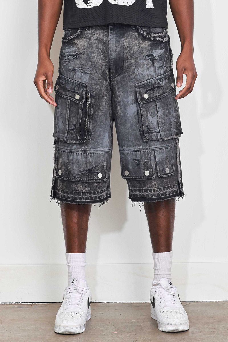 First Row WASHED MULTI CARGO DENIM JORTS