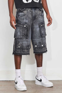 First Row WASHED MULTI CARGO DENIM JORTS