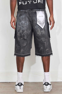 First Row WASHED MULTI CARGO DENIM JORTS
