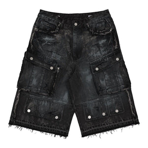 First Row WASHED MULTI CARGO DENIM JORTS
