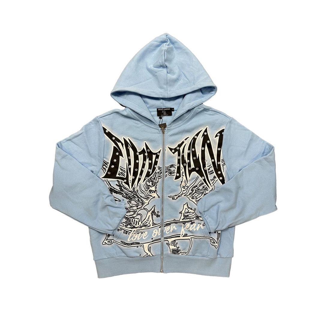 MIXED EMOTIONS Graffiti Zipper Hoodie (Blue)