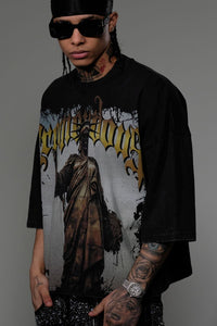 Stray wide & crop fit w/ 3/4 sleeve tshirt (Black)