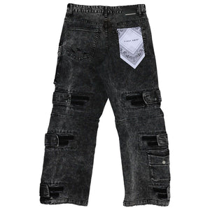 First Row WASHED MULTI CARGO DENIM Y2K PANTS