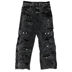 First Row WASHED MULTI CARGO DENIM Y2K PANTS