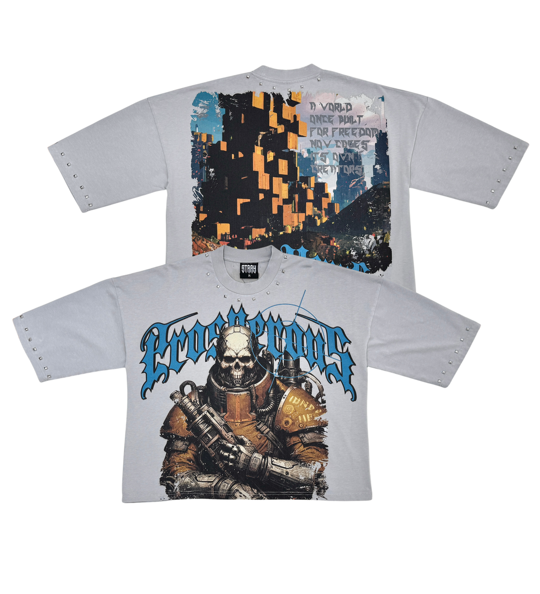 Stray wide & crop fit w/ 3/4 sleeve tshirt (GREY)