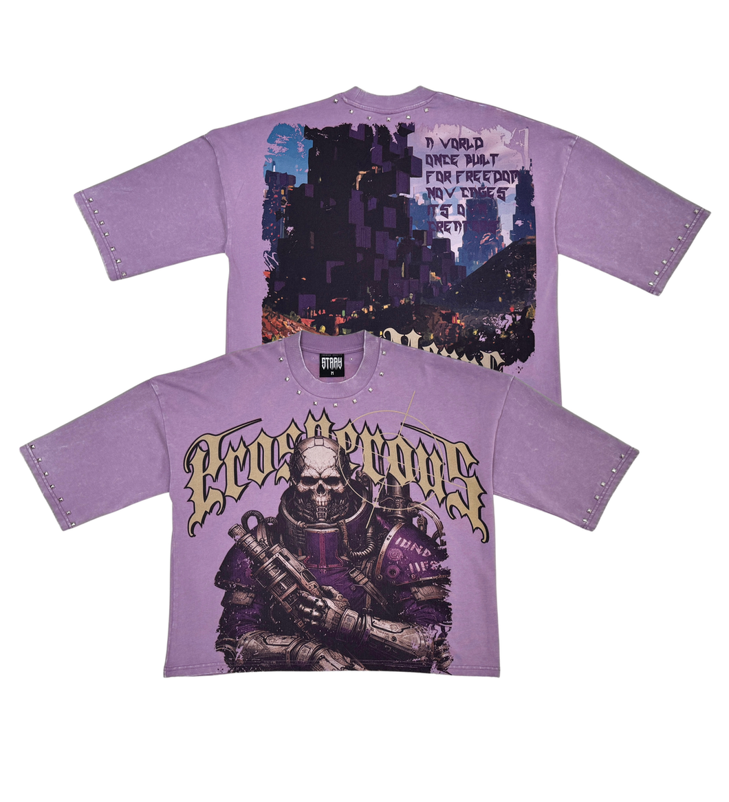 Stray wide & crop fit w/ 3/4 sleeve tshirt (PURPLE)