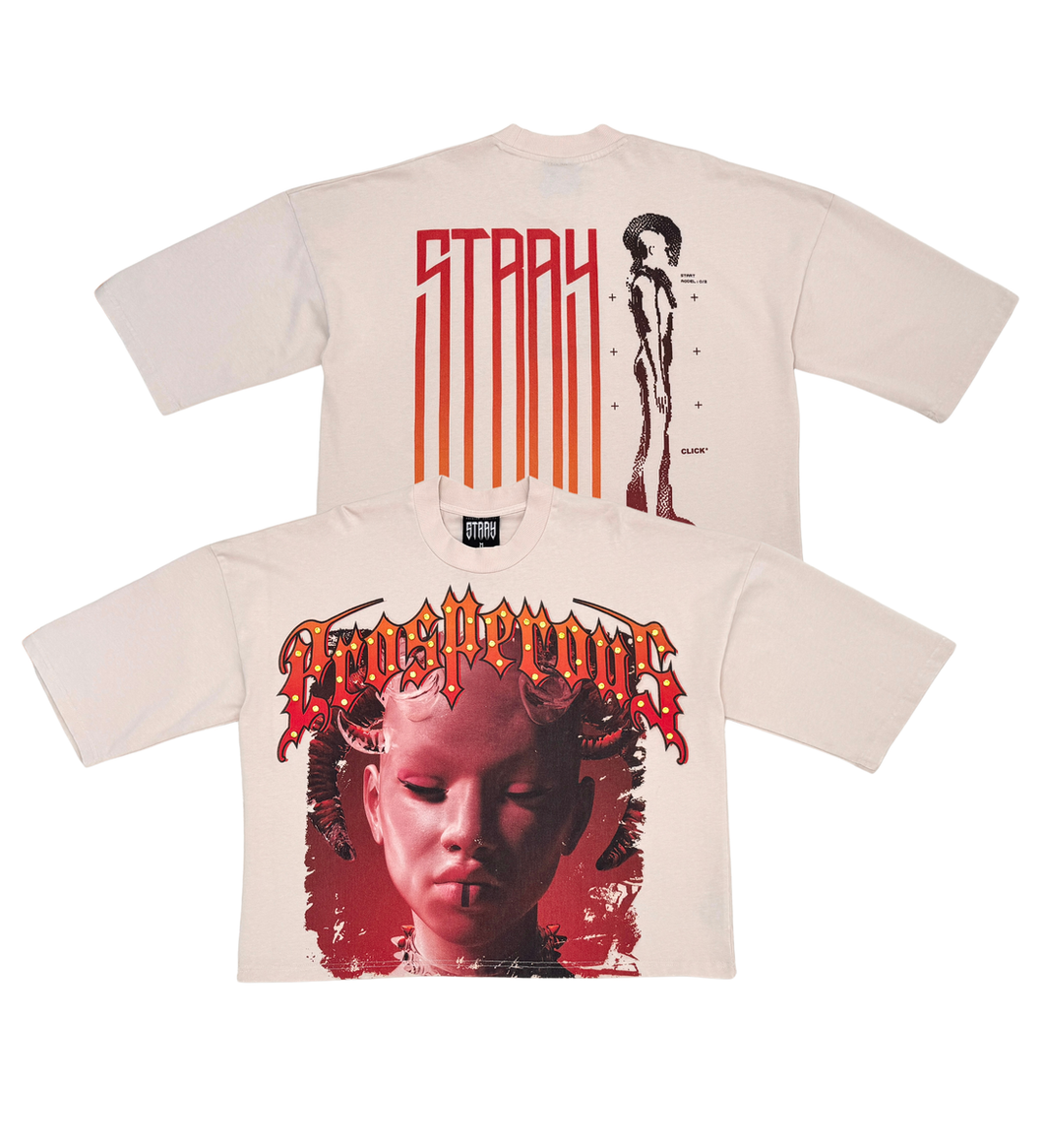 Stray wide & crop fit w/ 3/4 sleeve tshirt (BONE)