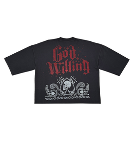 Stray wide & crop fit w/ 3/4 sleeve tshirt (BLACK)