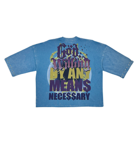 Stray wide & crop fit w/ 3/4 sleeve tshirt (Blue)