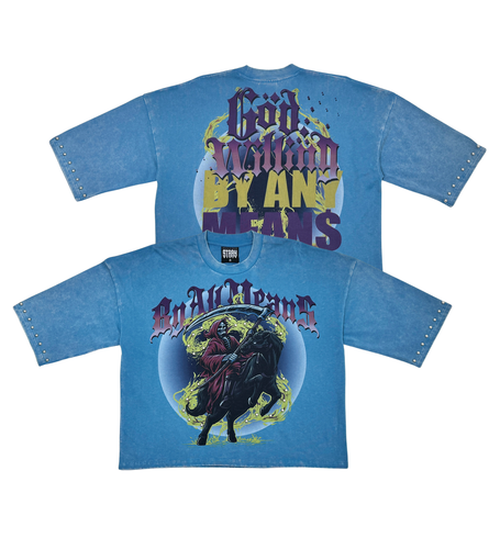 Stray wide & crop fit w/ 3/4 sleeve tshirt (Blue)