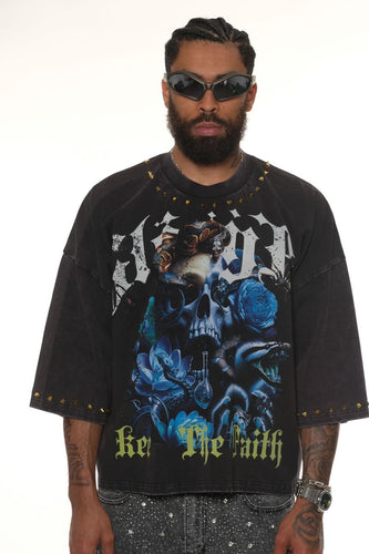 Stray wide & crop fit w/ 3/4 sleeve tshirt (BLACK)