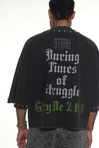 Stray wide & crop fit w/ 3/4 sleeve tshirt (BLACK)