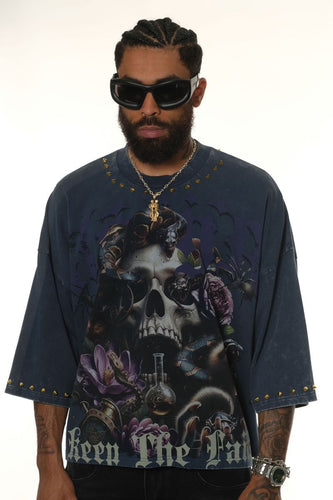 Stray wide & crop fit w/ 3/4 sleeve tshirt (NAVY)