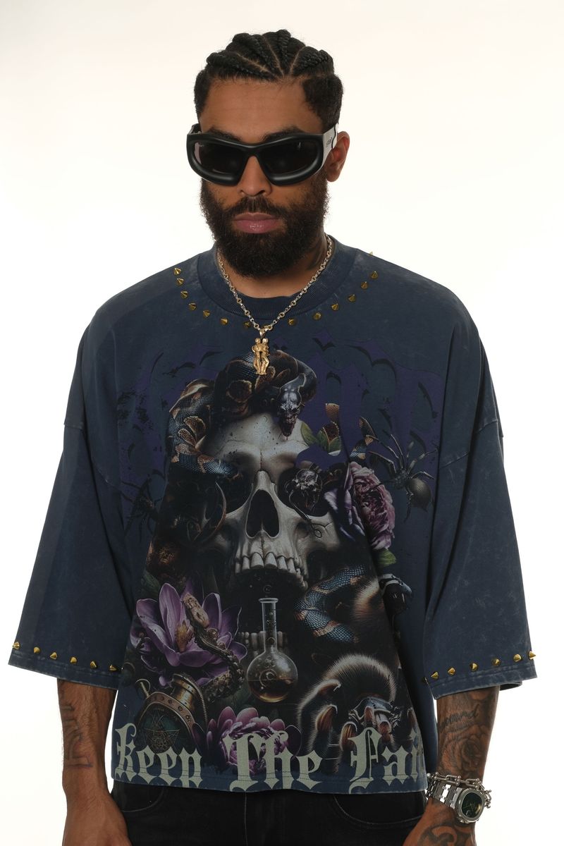 Stray wide & crop fit w/ 3/4 sleeve tshirt (NAVY)