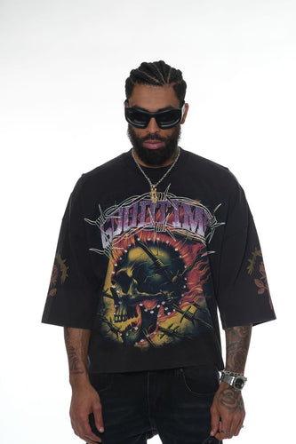 Stray wide & crop fit w/ 3/4 sleeve tshirt (BLACK / PURPLE)