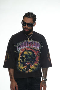 Stray wide & crop fit w/ 3/4 sleeve tshirt (BLACK / PURPLE)