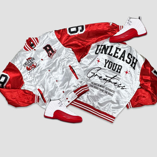 RETRO LABEL UNLEASH YOUR GREATNESS SATIN JACKET (RETRO 12 CHERRY)