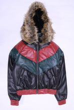 Load image into Gallery viewer, DAKOMA Women Colorblock Leather Jacket W/Fur Hood (Black/Red/Green)