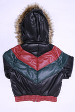 Load image into Gallery viewer, DAKOMA Women Colorblock Leather Jacket W/Fur Hood (Black/Red/Green)