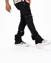 Load image into Gallery viewer, Pheelings JOURNEY TO GREATNESS CARGO FLARE STACK DENIM (JET BLACK)